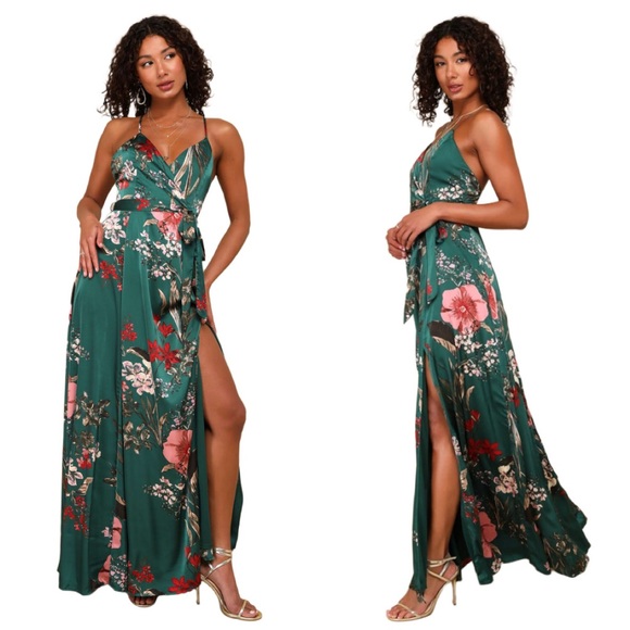 LULUS Still the One Maxi Dress Gown Emerald Green Floral Satin Wedding Guest S - Picture 13 of 13